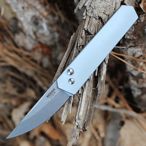 Boker Plus Kwaiken Compact Auto 01BO253 automatic knife profile view showing satin 154CM blade and gray aluminum handle.