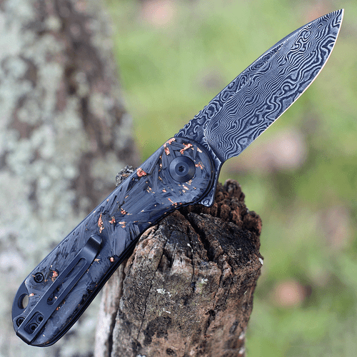CIVIVI Elementum Folding Knife (C907C-DS3)- 2.96" Damascus Drop Point Blade, Shredded Carbon Fiber and Copper Shred Handles