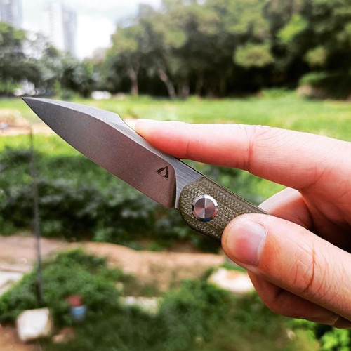 CMB Made Knives Kisame CMB-03G - 3" K110 Stonewashed Reverse Tanto Plain Blade, Green Canvas Micarta Handle