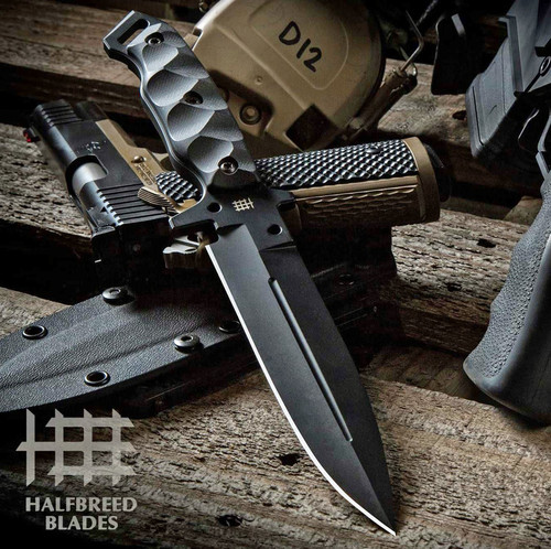 Halfbreed Blades Medium Infantry Knife (MIK-01P BLK)  6.49" K110 D2 Black Teflon Coated Plain Edge Spear Point Blade, Black G-10 Handle, Black Molded Kydex Sheath