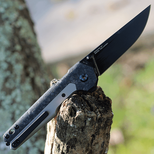 Kansept Knives EDC Tac (K2009A1) - 3.1" S35VN Black Ti-Coated Drop Point Plain Blade, Gray Titianium Handle with Shred Carbon Fiber Inlay
