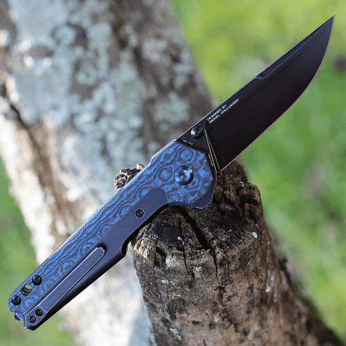Kansept Knives EDC Tac (K2009A5) 3.1" S35VN Stonewashed Black Ti-Coated Drop Point Plain Blade, Blue Rose Carbon Fiber Handle with Black Anodized Titanium Inlay