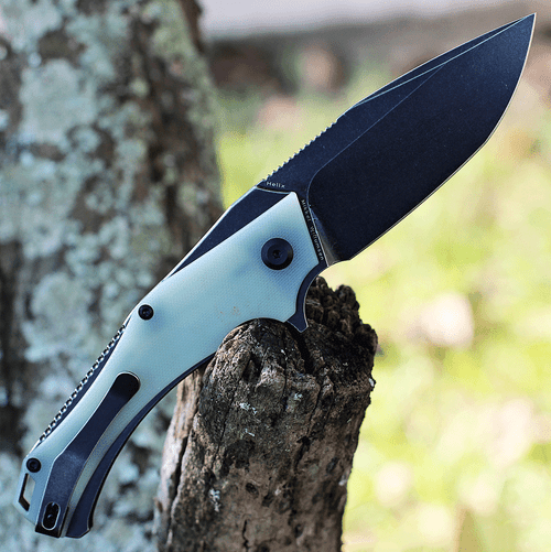 Kansept Knives Hellx (KT1008A4) 3.6" D2 Stonewashed Black Ti-Coated Drop Point Plain Blade, Jade G-10 + Blue SS Handle