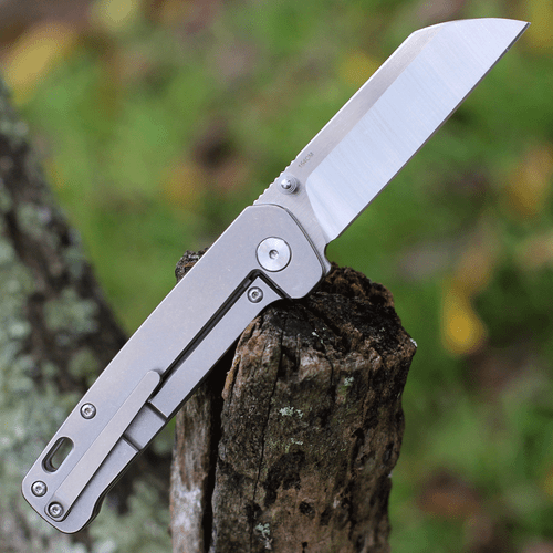 QSP Knife Penguin Folding Knife (QS130P) 3.06" 154CM Two-Toned Satin Sheepsfoot Plain Blade, Bead Blasted Titanium Stonewashed Handle