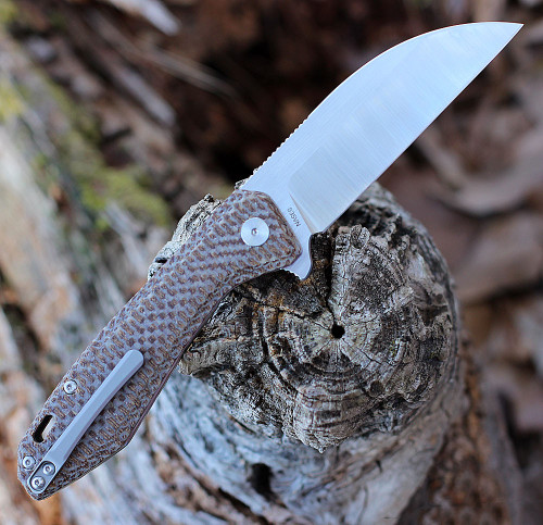 QSP Knife Pelican (QS118A2) 3.75" CPM-S35VN Two-Tone Satin Wharncliffe Plain Blade, Brown Textured Micarta Handle