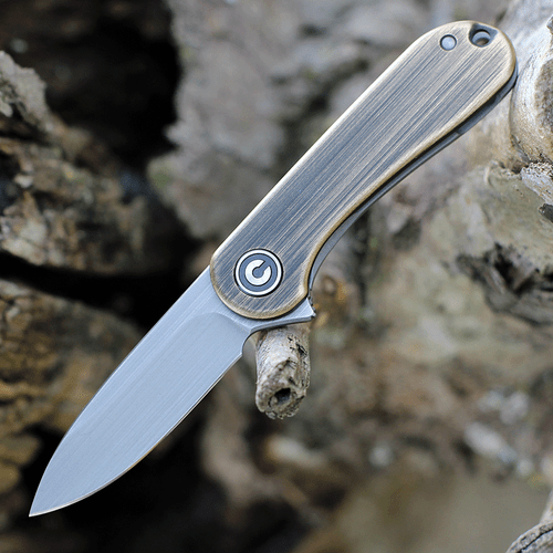 CIVIVI Mini Elementum Folding Knife (C18062Q-1)- 1.83" Gray 14C28N Drop Point Blade, Black Hand Rubbed Brass Handle