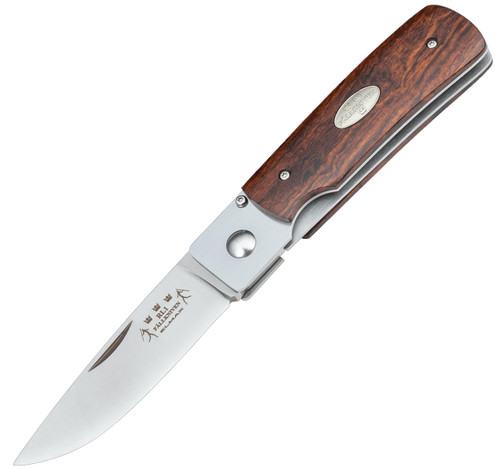 Fallkniven RL1 Folder (FNRL1DI) 2.7" Satin Elmax Drop Point Blade, Desert Ironwood Handle, Black Suede Pouch