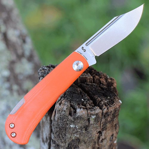 Kansept Knives Wedge (KT2026B8) 2.45" 154CM Stonewashed Clip Point Plain Blade, Orange G-10 Handle