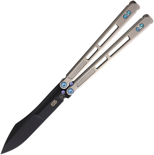EOS Trident Balisong Butterfly Knife - 4.5" CPM-S30V Black DLC Drop Point Blade, Satin Titanium Handle with Blue Hardware