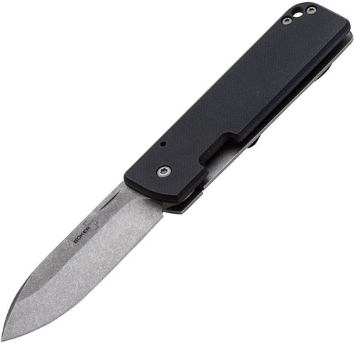 Boker Plus Lancer 42 (01BO465) 2.87" D2 Stonewashed Spear Point Plain Blade, Black G-10 Handle