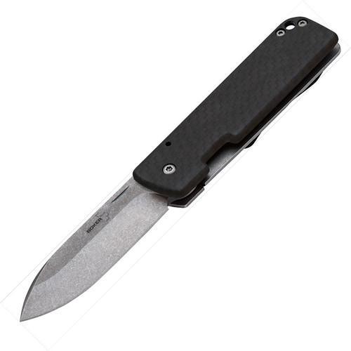 Boker Plus Lancer 42 (01BO467) 2.87" D2 Stonewashed Spear Point Blade, Black Carbon Fiber Handle
