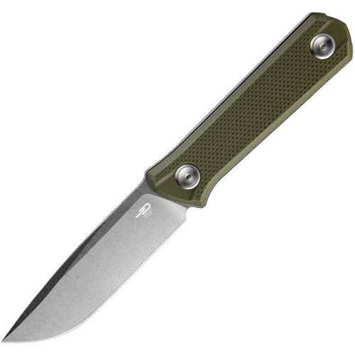 Bestech Hedron (BFK02b) - 3.75" D2 Stonewashed Drop Point Fixed Blade, OD Green G-10 Handle, Black Kydex Sheath