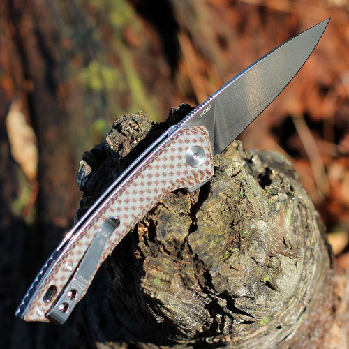 QSP Knife Leopard (QS135D) 3" 14C28N Satin Drop Point Plain Blade, Brown & Gray Linen Micarta Handle