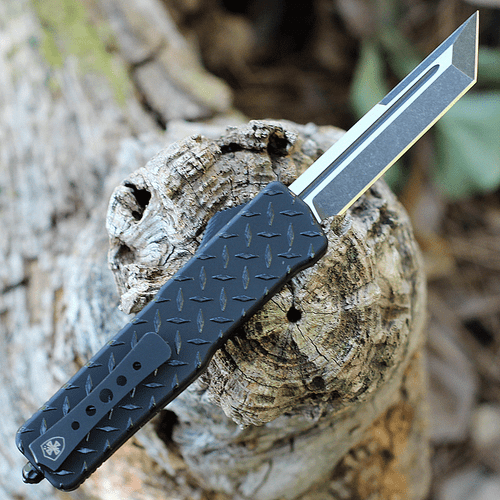 Templar Knife Premium Lightweight Series - Small OTF Automatic (SA-DPG-22-1) - 3" Powder D2 Black SW Tanto, Black Aluminum Diamond Plate Handle