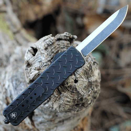 Templar Knife Premium Lightweight Series - Small OTF Automatic (SA-DPG-32-1) - 3" Powder D2 Black SW Drop Point, Black Aluminum Diamond Plate Handle