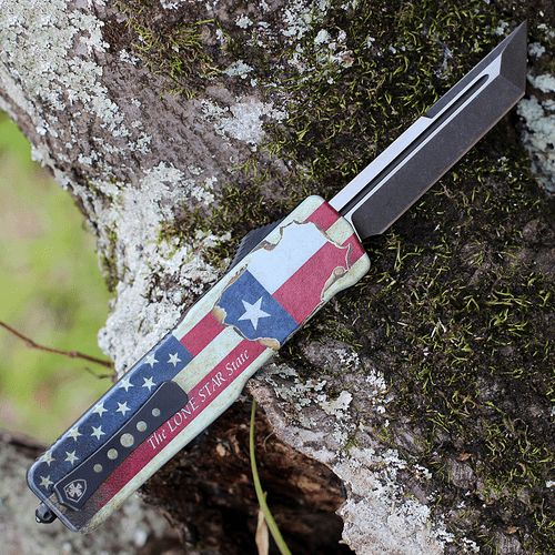 Templar Knife Premium Lightweight Series - Large OTF Automatic (LA-TX-22-1) - 3.55" Powder D2 Black SW Tanto, Aluminum Texan "The Lone Star State" Handle