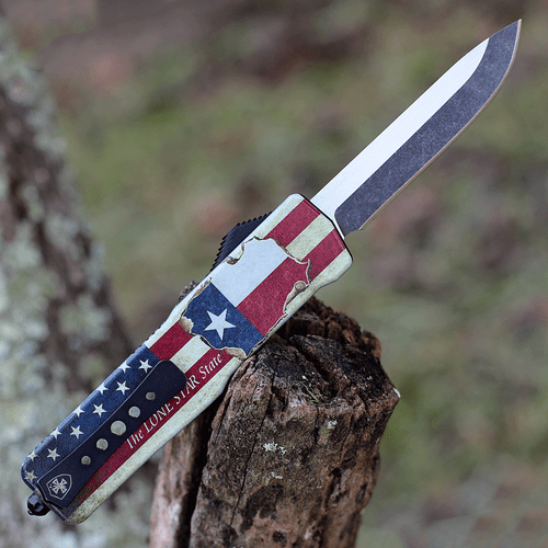 Templar Knife Premium Lightweight Series - Small OTF Automatic (SA-TX-32-1) - 3" Powder D2 Black SW Drop Point, Aluminum Texan "The Lone Star State" Handle