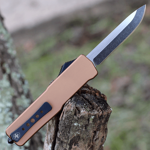 Templar Premium Lightweight Series - Small OTF Automatic (SA-AB-32-1) - 3" Powder D2 Black Stonewashed Drop Point Blade,  Bronze Aluminum Handle