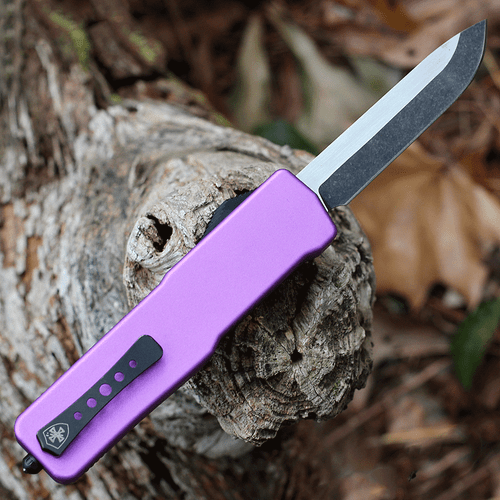 Templar Premium Lightweight Series - Large OTF Automatic (LA-AP-32-1) - 3.55" Powder D2 Black Stonewashed Drop Point Blade, Purple Aluminum Handle