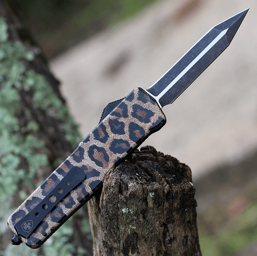 Templar Knife Premium Lightweight Series - Small OTF Automatic (SA-LPD-12-1) - 3" Powder D2 Black SW Dagger, Aluminum Leopard Handle