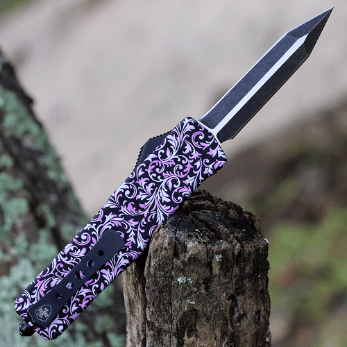 Templar Knife Premium Lightweight Series - Small OTF Automatic (SA-PKF-12-1) - 3" Powder D2 Black SW Dagger, Aluminum Pink Fleur Handle