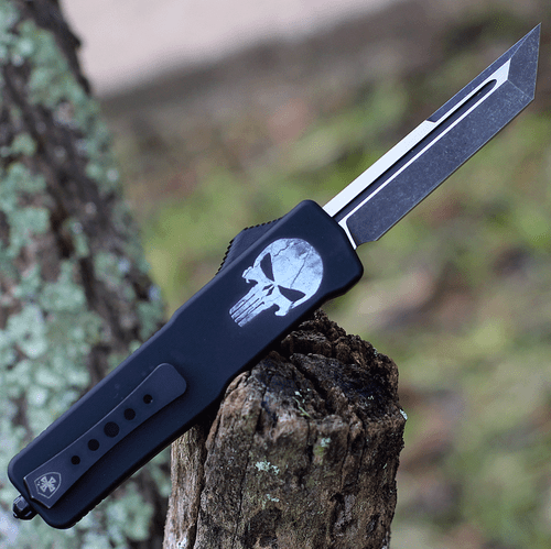 Templar Knife Premium Lightweight Series - Small OTF Automatic (SA-FL-22-1) - 3" Powder D2 Black SW Tanto, Aluminum Fallen Skull Handle