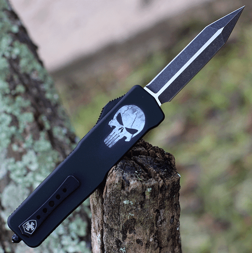 Templar Knife Premium Lightweight Series - Large OTF Automatic (LA-FL-12-1) - 3.55" Powder D2 Black SW Dagger, Aluminum Fallen Skull Handle