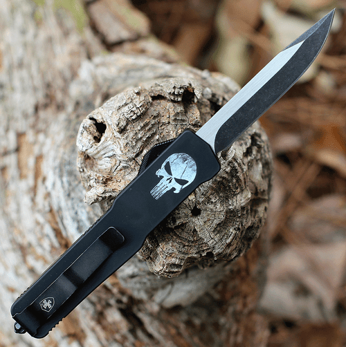 Templar Knife Premium Lightweight Series - Slim OTF Automatic (MA-FL-32-1) - 3" Powder D2 Black SW Drop Point, Aluminum Black Fallen Skull Handle