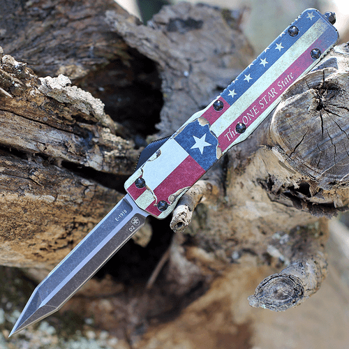 Templar Knife Premium Lightweight Series - Slim OTF Automatic (MA-TX-12-1) - 3" Powder D2 Black SW Dagger, Aluminum RWB Texan Handle