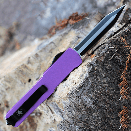 Templar Knife Premium Lightweight Series - Slim OTF Automatic (MA-AP-12-1) - 3" Powder D2 Black SW Dagger, Aluminum Purple Handle