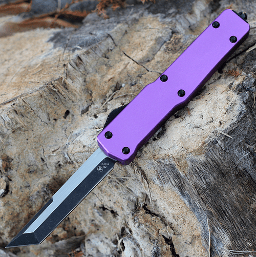 Templar Knife Premium Lightweight Series - Slim OTF Automatic (MA-AP-22-1) - 3" Powder D2 Black Stonewash Tanto blade, Purple Aluminum Handle