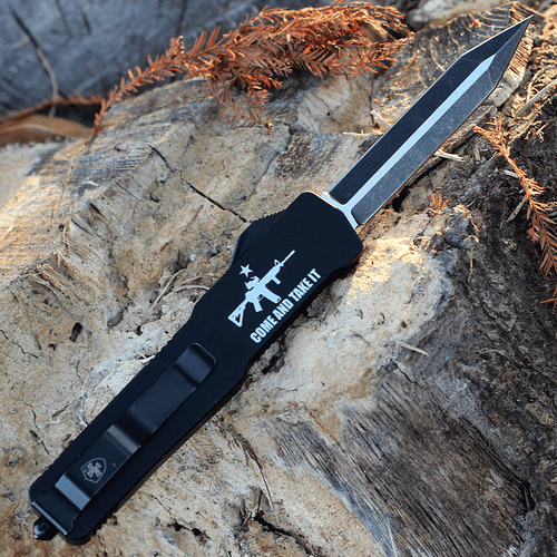 Templar Knife Premium Lightweight Series - Slim OTF Automatic (MA-AR15-12-1) - 3" Powder D2 Black SW Dagger, Aluminum Black "Come And take It" W/ AR15 Handle