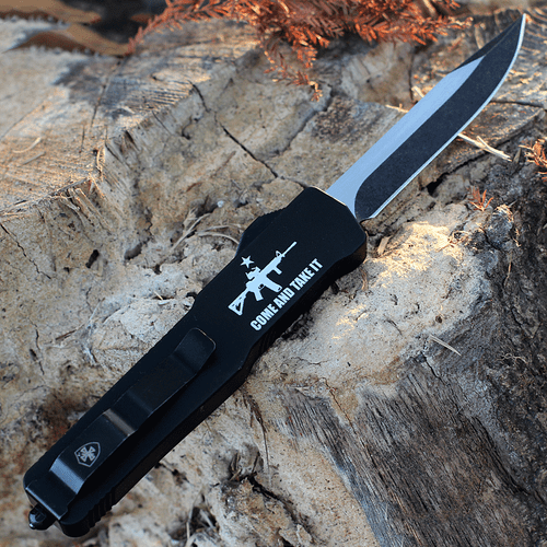 Templar Premium Lightweight Series - Slim OTF Automatic (MA-AR15-32-1) - 3.25" Powder D2 Black Stonewashed Drop Point Blade, Black Aluminum "Come And take It" W/ AR15 Handle