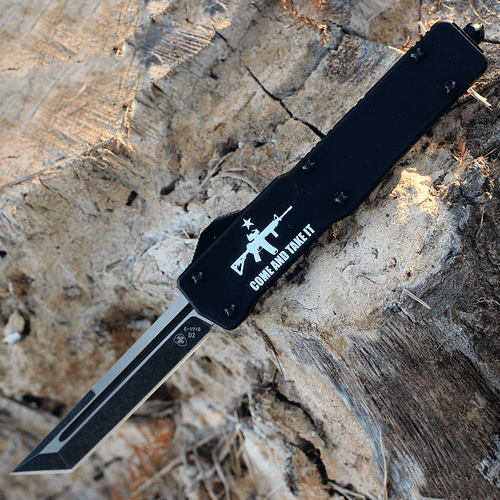 Templar Knife Premium Lightweight Series - Slim OTF Automatic (MA-AR15-22-1) - 3.16" Powder D2 Black Stonewashed Tanto Blade, Black Aluminum  "Come And take It" W/ AR15 Handle