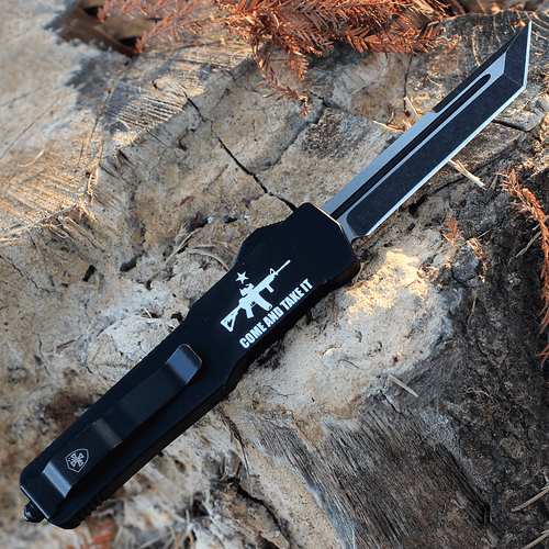 Templar Knife Premium Lightweight Series - Slim OTF Automatic (MA-AR15-22-1) - 3.16" Powder D2 Black Stonewashed Tanto Blade, Black Aluminum  "Come And take It" W/ AR15 Handle