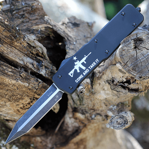 Templar Knife Premium Lightweight Series - Large OTF Automatic (LA-AR15-12-1) - 3.55" Powder D2 Black SW Dagger, Aluminum Black "Come And Take It" W/ AR15 Handle