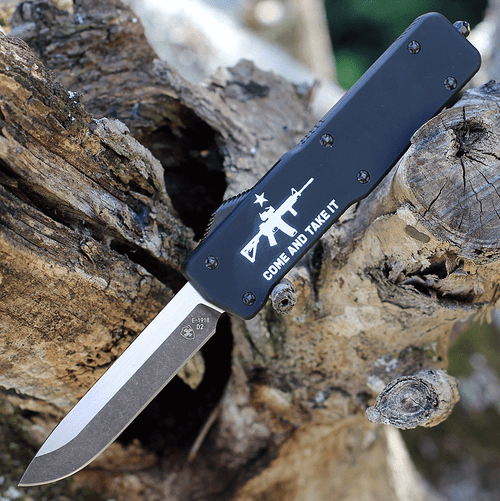 Templar Knife Premium Lightweight Series - Large OTF Automatic (LA-AR15-32-1) - 3.55" Powder D2 Black SW Drop Point, Aluminum Black "Come And Take It" W/ AR15 Handle