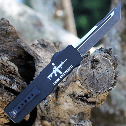 Templar Knife Premium Lightweight Series - Large OTF Automatic (LA-AR15-22-1) - 3.55" Powder D2 Black SW Tanto, Aluminum Black "Come And Take It" W/ AR15 Handle