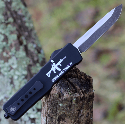 Templar Knife Premium Lightweight Series - Small OTF Automatic (SA-AR15-32-1) - 3" Powder D2 Black SW Drop Point, Aluminum "Come And Take It" W/ AR15 Handle