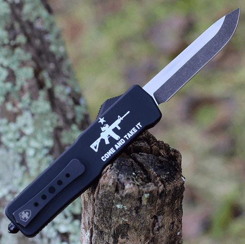 Templar Knife Premium Lightweight Series - Small OTF Automatic (SA-AR15-32-1) - 3" Powder D2 Black SW Drop Point, Aluminum "Come And Take It" W/ AR15 Handle