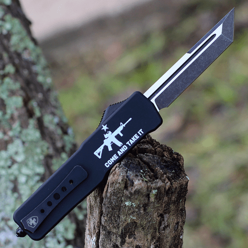 Templar Premium Lightweight Series - Small OTF Automatic (SA-AR15-22-1) - 3.00" Powder D2 Black Stonewashed Tanto Blade, Black Aluminum "Come And Take It" W/ AR15 Handle