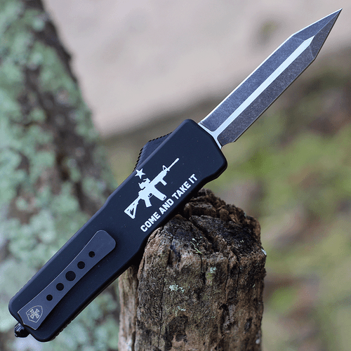 Templar Premium Lightweight Series - Small OTF Automatic (SA-AR15-12-1) - 3.00" Powder D2 Black Stonewashed Dagger, Black Aluminum "Come And Take It" W/ AR15 Handle