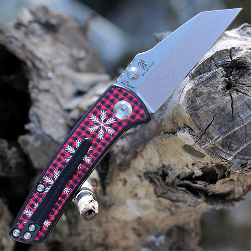 Kansept Little Main Street (KT2015AC) 2.26" 154CM Stonewashed Wharncliffe Plain Blade, G-10 Black and Red Plaid W/ Snowflake Handle