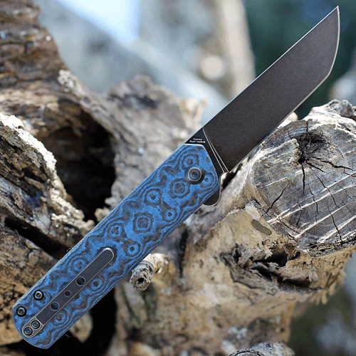 Kansept Foosa (KT2020T7) 3.06" 154CM Black TiCn Coated Tanto Plain Blade, Blue/Black Rose Carbon Fiber Handle