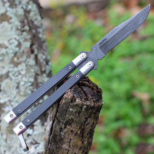 Bear & Son 30th Anniversary Butterfly (BCANNCF17D) 3.75" Damscus Clip Point Plain Blade, Black Carbon Fiber Handle