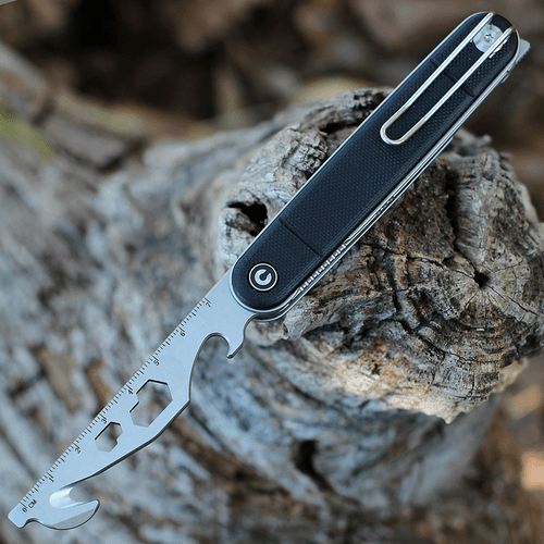 CIVIVI Crit Folding Knife & Multi-Tool (C20014F-1)- 3.18" Stonewashed Nitro-V Drop Point Blade, Black G-10 Handle