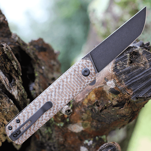 Kansept Knives Foosa (KX2020T2) 3.06" 154CM Black TiCn Coated Tanto Plain Blade, Plaid Brown Micarta Handle