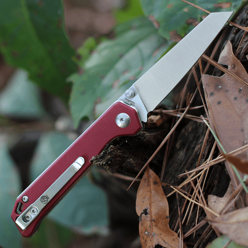 Kizer Cutlery Begleiter (V3458RN3) 2.87" Bohler N690 Satin Reverse Tanto Plain Blade, Smooth Red Canvas Micarta Handle