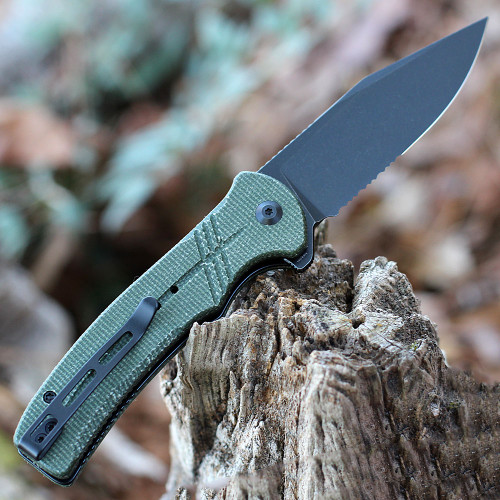CIVIVI Cogent Folding Knife (C20038E-4)- 3.47" Blackwashed 14C28N Clip Point Blade, Green Micarta Handle
