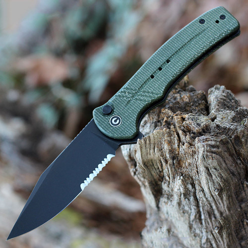 CIVIVI Cogent Folding Knife (C20038E-4)- 3.47" Blackwashed 14C28N Clip Point Blade, Green Micarta Handle